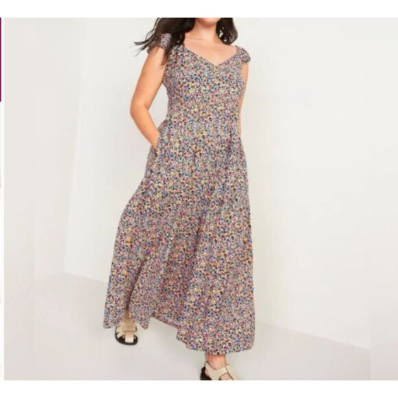 Old Navy Multicolored Short Sleeve Floral Midi Dress - Size XS Petite - Picture 1 of 10